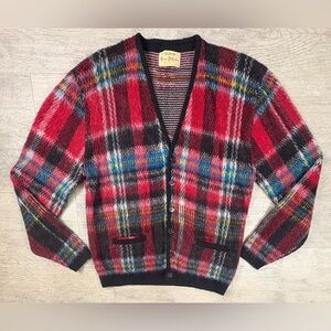 VINTAGE ARROW Cum Laude plaid Wool Cardigan Grunge Fuzzy Shaggy 60s Men’s Large